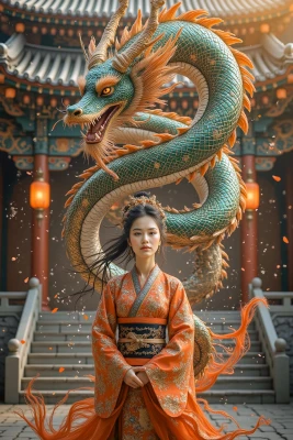 Une femme et un dragon devant un temple